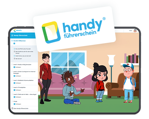 Screenshot aus dem Handy-Führerschein Onlinekurs auf einem Tablet mit Logo