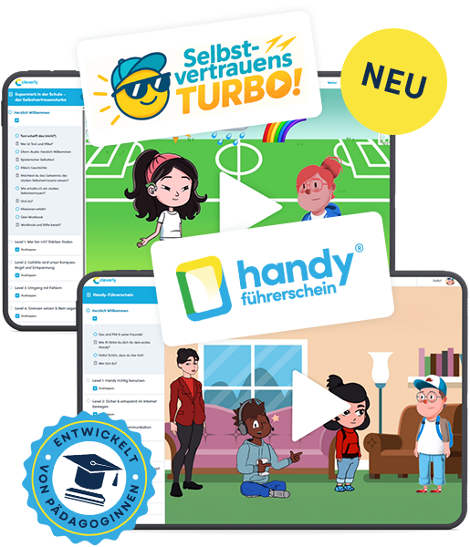 Kurs-Screenshots auf Tablets mit Logos: Selbstvertrauensturbo und Handy-Führerschein - mit Siegel entwickelt von Pädagoginnen
