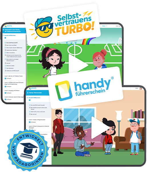 Kurs-Screenshots auf Tablets mit Logos: Selbstvertrauensturbo und Handy-Führerschein - mit Siegel entwickelt von Pädagoginnen