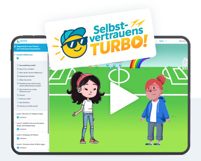 Kurs-Screenshot auf Table und Logo Selbstvertrauensturbo